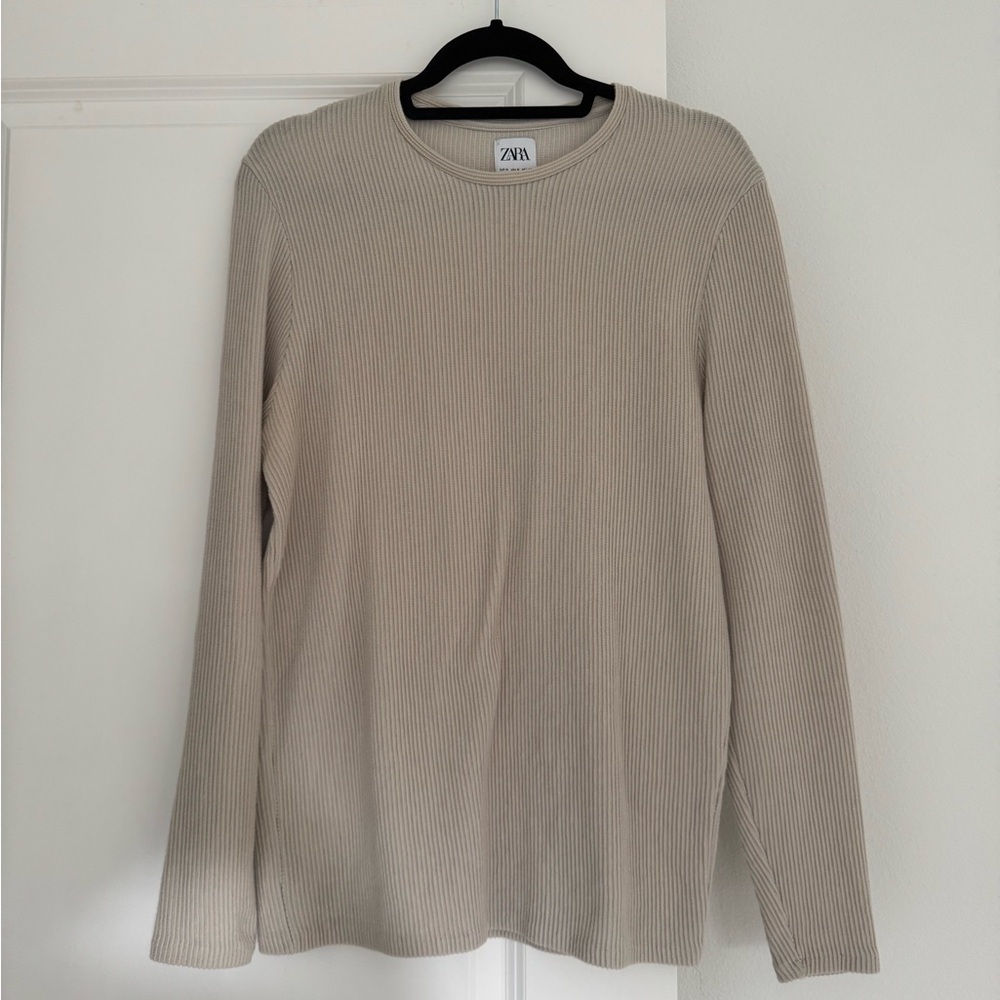 ZARA men’s beige ribbed crewneck long sleeve shirt top size medium